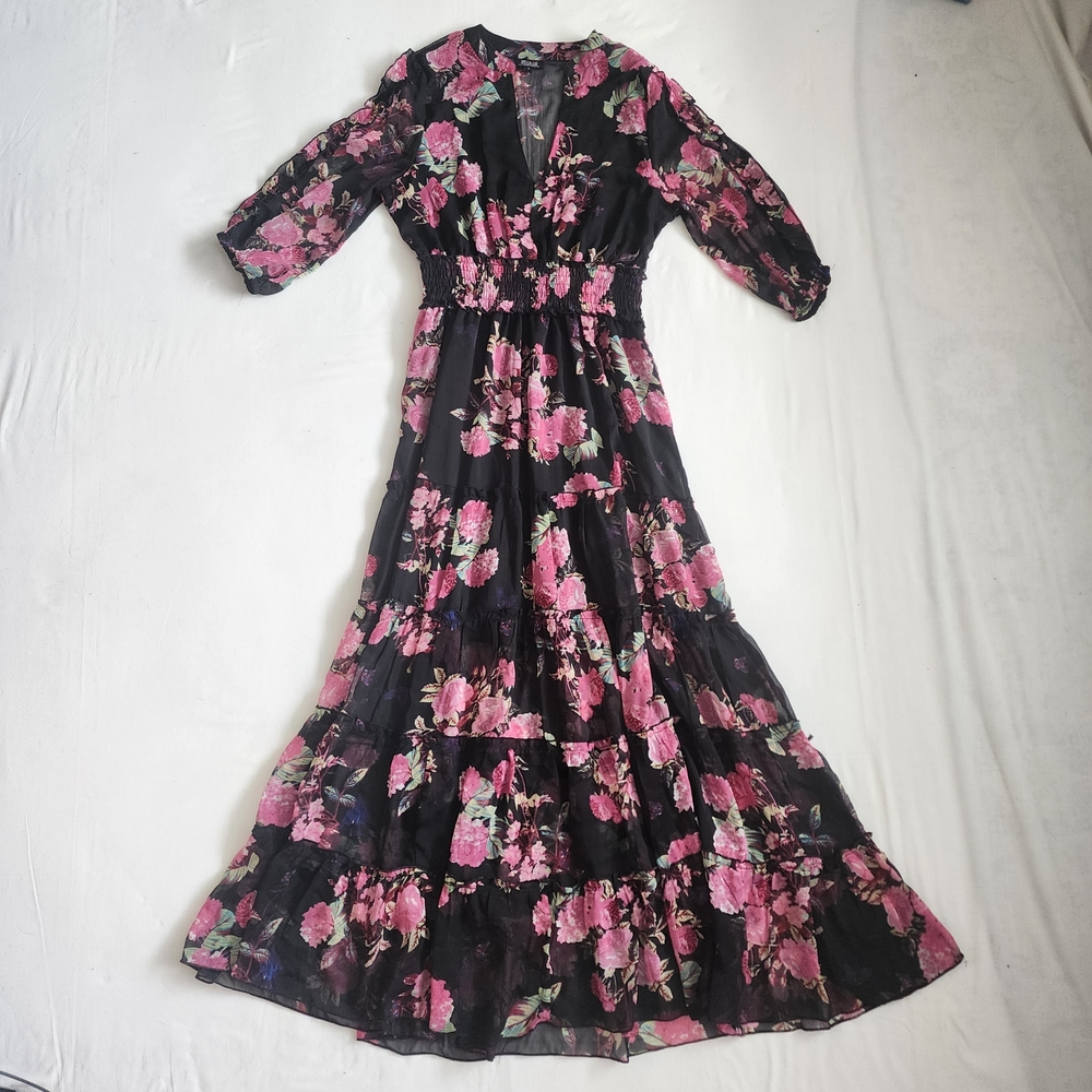 Black Floral Tiered Maxi Dress Womens Size S Smocked Waist V Neck Ruffles